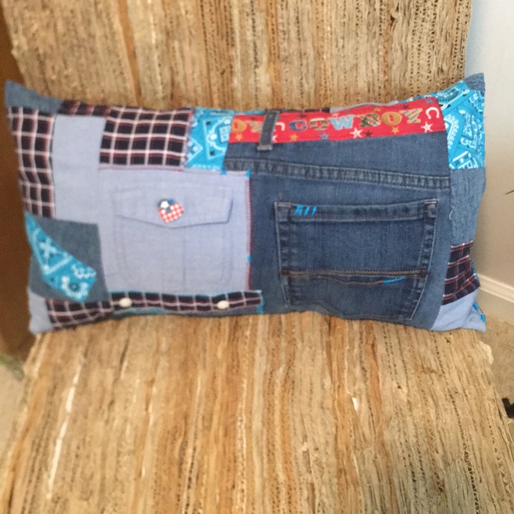Hand Crafted Denim, Bandana Print w/Cowboy Trim Throw Pillow